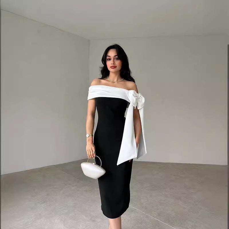 &quot;Brel&quot; Bow Black And White Elegant Cocktail Dress