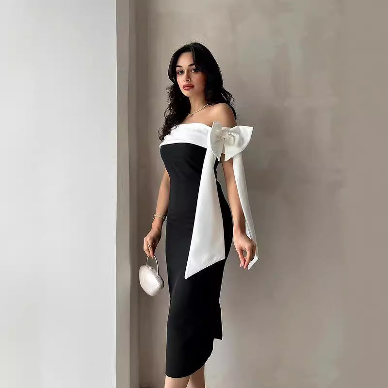 &quot;Brel&quot; Bow Black And White Elegant Cocktail Dress